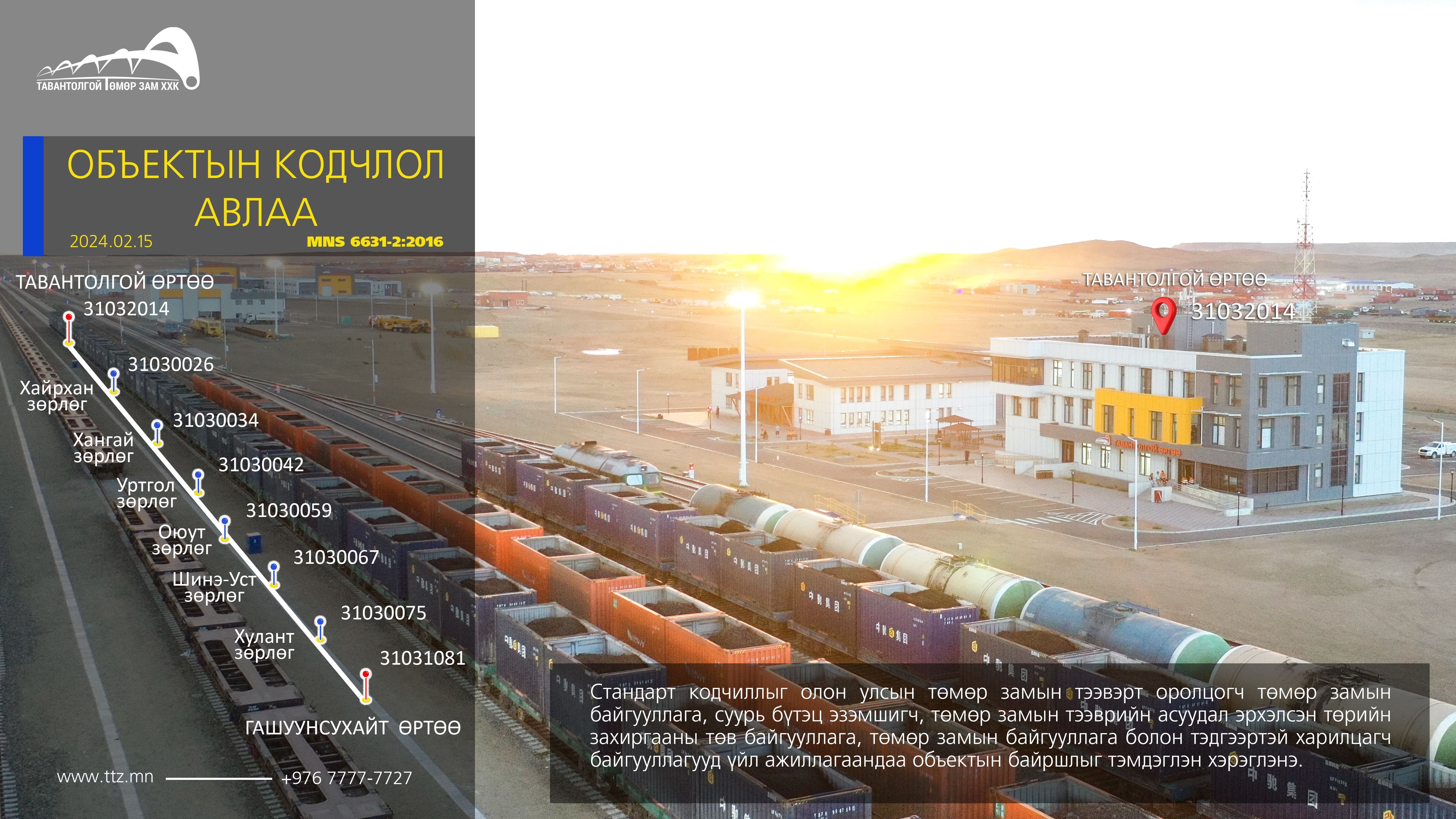 “ТАВАНТОЛГОЙ-ГАШУУНСУХАЙТ ЧИГЛЭЛИЙН ТӨМӨР ЗАМ”-ЫН 2 ӨРТӨӨ, 6 ЗӨРЛӨГТ ОБЪЕКТЫН КОДЧЛОЛ АВЛАА
